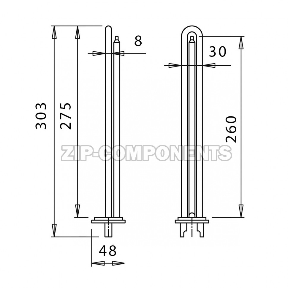 ТЭН Unival для водонагревателя (RCF, 1500W, D48, Без анода, L275) прямой Италия